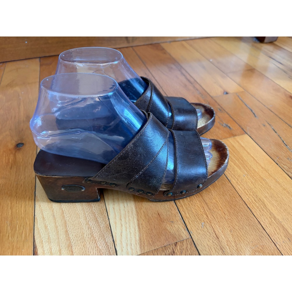 Vintage Candie's Wooden Clog Slide Sandal Brown Leather Platform Sz 7.5 Y2K 90's